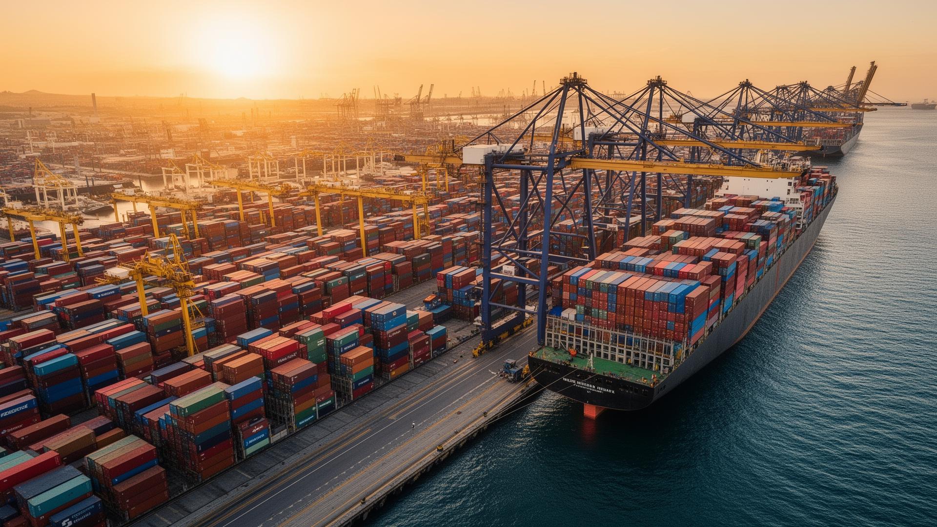 International shipping port at golden hour